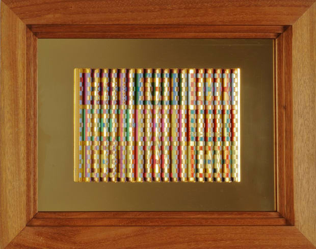 Yaacov Agam, Blue line form reflecting and golden space, 1988