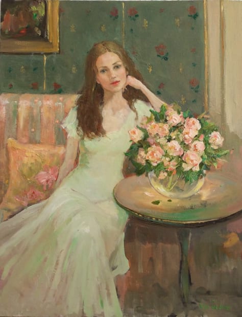 Portrait with pink peonies
