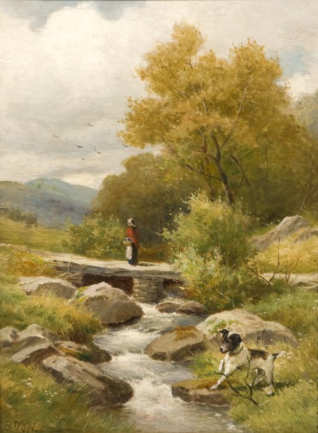 Landscape with figure on a bridge & dog