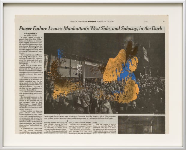 Exhibited alongside the cityscapes are a suite of three works on paper: past issues of the New York Times dabbed...