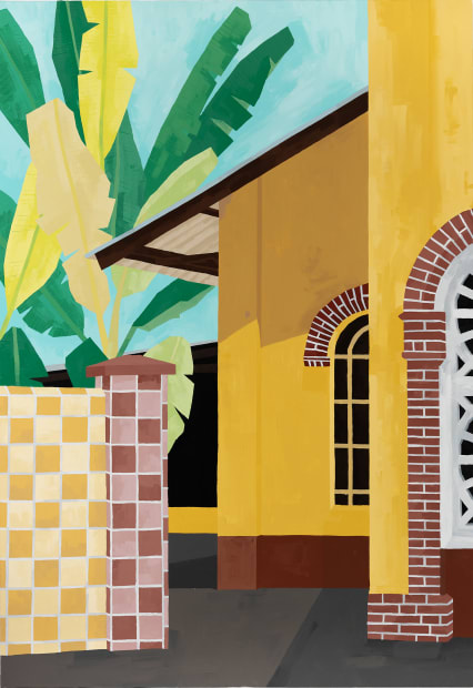 The paintings are warm and inviting, their subtle critique embedded beneath thick layers of paint applied in broad, straight strokes....