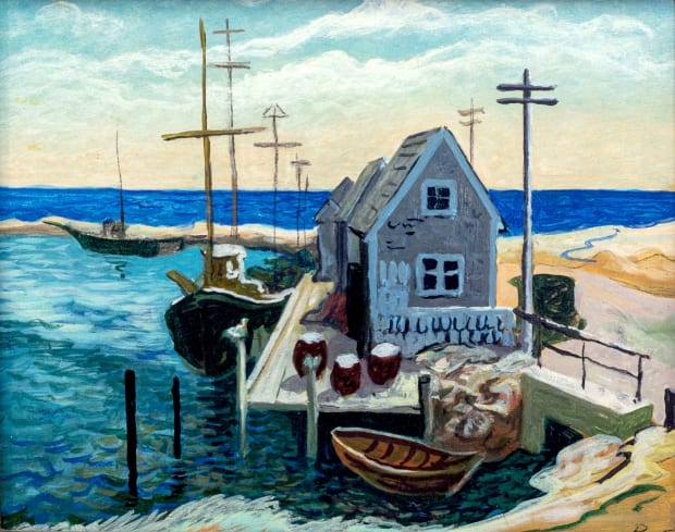 Thomas Hart Benton (1889-1975) Study for 'Menemsha Harbor', 1951 Signed at lower right: Benton Oil on panel 8½ x 10½...