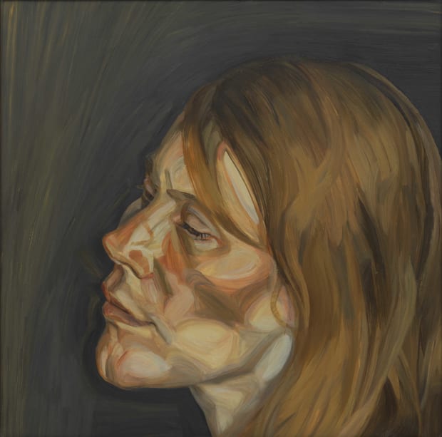 Lucian Freud: Woman with Fair Hair- Portrait II, 1962-3, oil on canvas, 23 1/4 x 23 1/4 inches / 59...