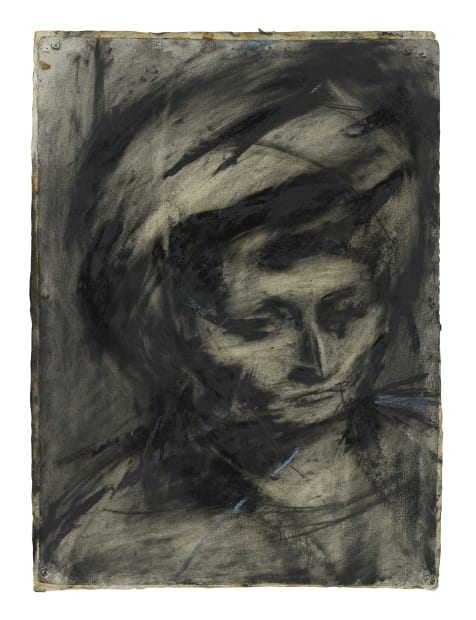 Frank Auerbach: Head of Gerda Boehm III, 1961, charcoal and chalk on paper with red and blue, 30 x 22...