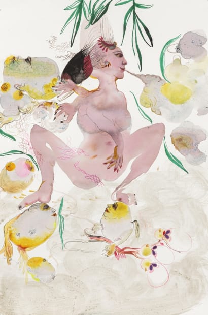 RINA BANERJEE Gleaming gold of yellow porcelain with teeth and..., 2014 Acrylic, ink, collage on water color paper 45.5 x...
