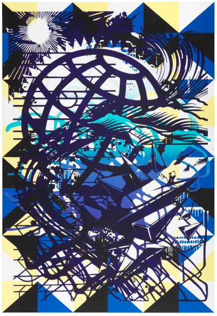 The work Daily_news_03 (250 x 170 cm), painted in a cool palette of midnight black, blue, turquoise, and white tones,...