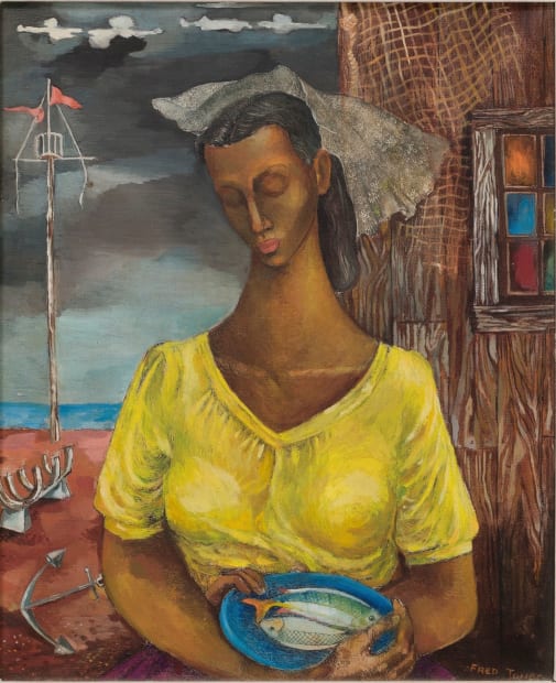 In Frederick D. Jones’ untitled painting, a woman stands alone in a barren landscape—the sky is dark and ominous, and...