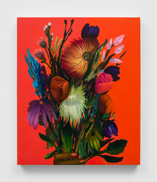 Her signature bouquet painting, an homage to the present moment that marks each new grouping of work, is included alongside...