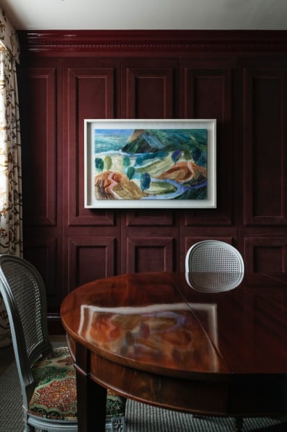 In the dining room in a town house off Kensington High St we designed panelling to be wrapped in velvet...