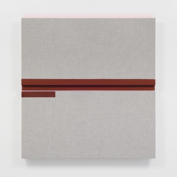 In Deep Structure (Oxide Rest) (2020), Jones paints horizontal bands of deep red oxide across two acoustic panels. For Jones,...