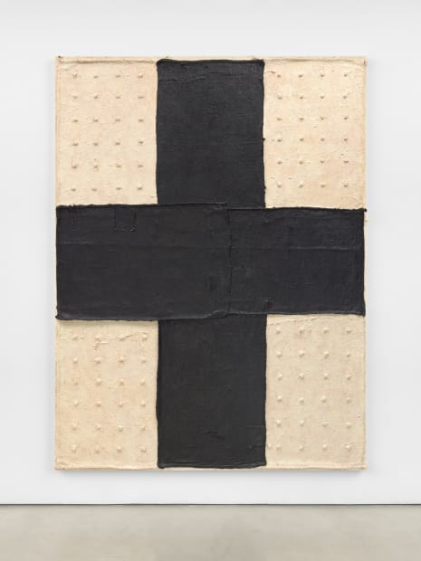 Among the most recent paintings is Black Cross (2020) which incorporates found burlap and grommets inserted in an irregular grid...