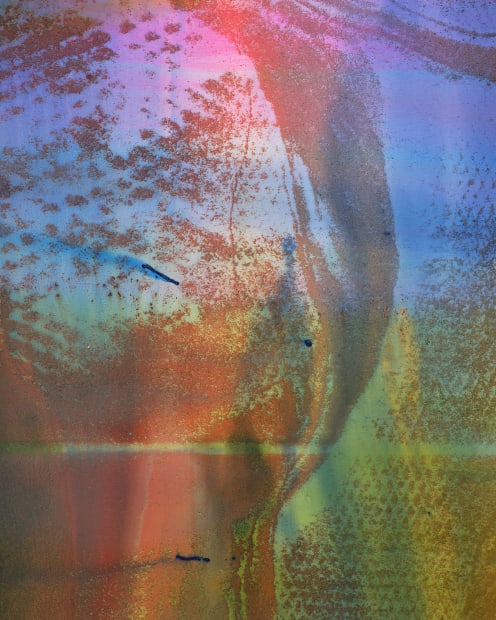 Water, a battery in itself, is another key attribute in these paintings. Washes of water distribute pigment around the surface...