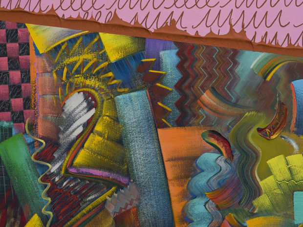 “Other Logics contrasts inscribed marks that resemble a Roman-alphabet primer with a variety of loose brushwork. The patterned script peals...