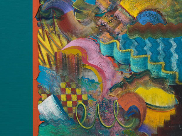 'Before splits the canvas into two sides for comparison, divided by a red glop that spills out from the painting...