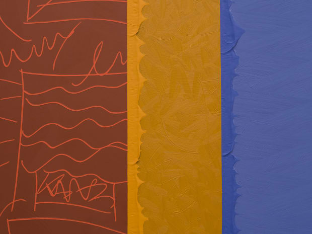 “The notations in Page relate to my sketchbook drawings for the paintings in the show. Inscribed marks on the left-hand...