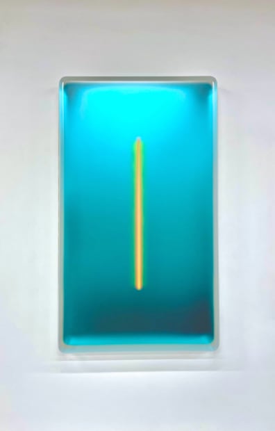 Casper Brindle LIGHT GLYPH SERIES, blue incased of plexiglas shell with orange central orb.
