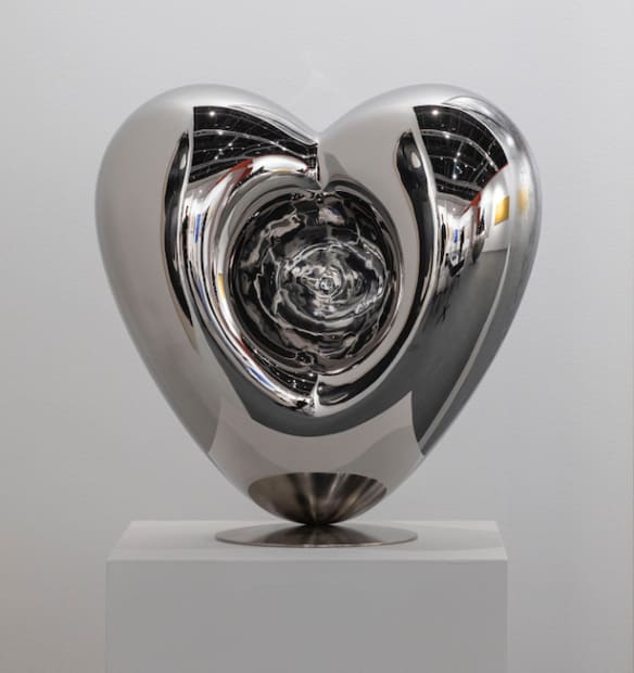 Richard Hudson, Love Me, 2025, Polished Mirrored Steel. Heart sculpture.