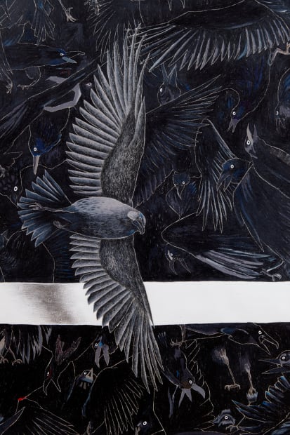 Detail of middle panel of Robyn O'Neil's An Unkindness with a crow flying in front of a large mass of crows and ravens with the sun peeking through the feathers