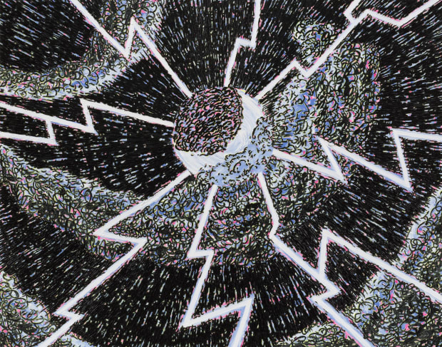 Image of moon with many branches of lightning