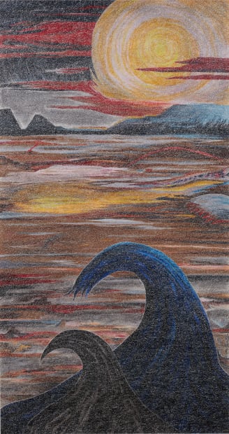 The right panel of Robyn O'Neil's An Unkindness showing large black waves and a yellow sun in a red sky