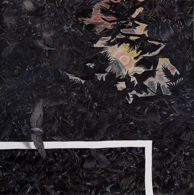 A detail of the center of Robyn O'Neil's An Unkindness showing a flock of black birds with one crossing over a white border and the sun peeking through a break in the feathers