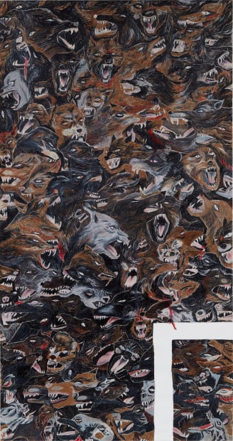 Detail of left panel of Robyn O'Neil's An Unkindness with abstracted wolf heads with open mouths and bared teeth 
