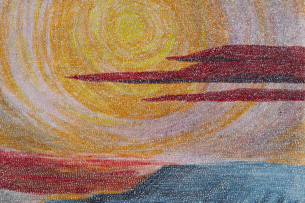 Detail of the sun on the right panel of Robyn O'Neil's An Unkindness 