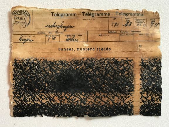 MOONIS AHMAD SHAH Telegrams to Bollywood from a Mad Landscape Scout, 2018 Print, Ink, Tea on Manually Constructed Telegrams 5...