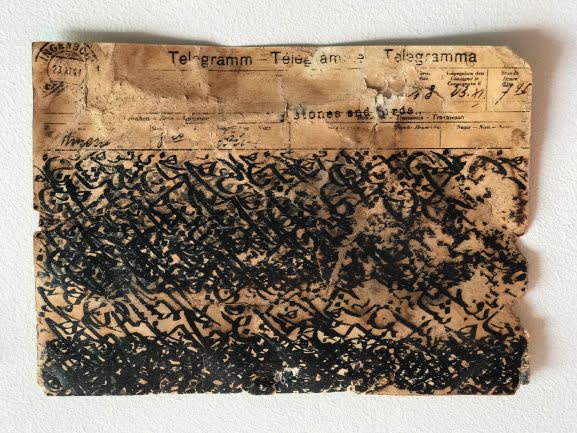 MOONIS AHMAD SHAH Telegrams to Bollywood from a Mad Landscape Scout, 2018 Print, Ink, Tea on Manually Constructed Telegrams 5...