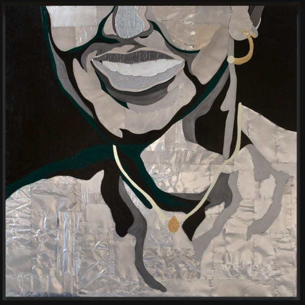 Stuart Robertson Untitled (Lauren), 2022 Aluminum, textiles, paper, underlayment, and acrylic on wood 37.5 x 37.5 inches, framed $18,000