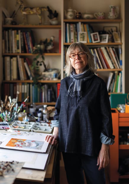 “My studio shelves are crammed with ceramics, often chipped or cracked, and filled with seedheads and feathers collected on walks,...