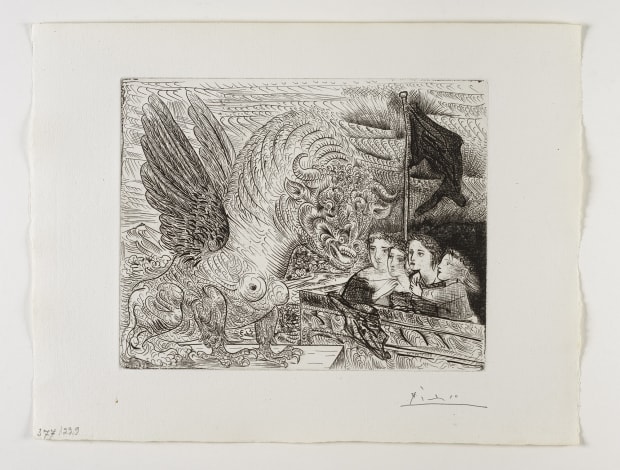Pablo Picasso Harpye à tête de Taureau, et quatre petites Filles sur une Tour surmontée d'un Drapeau noir Etching, 1931...