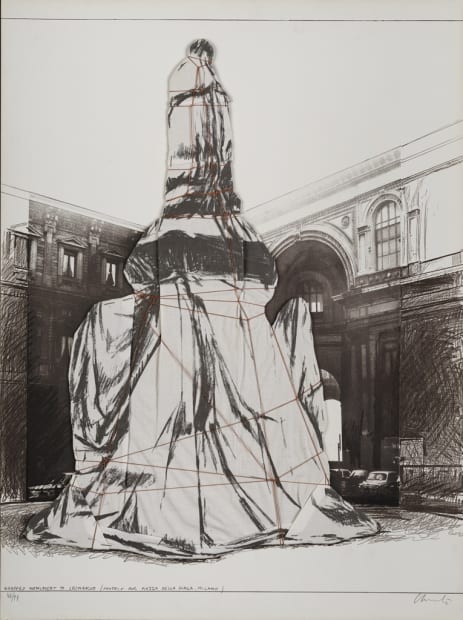 Christo and Jeanne-Claude Wrapped Monument to Leonardo Photolithograph with collage of fabric and thread, 1971 Schellman-Benecke 40 Signed in pencil...