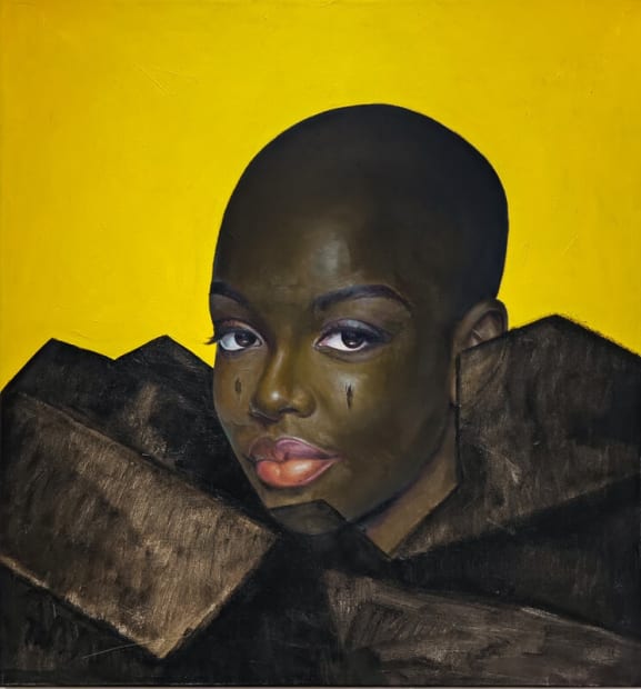 Rebirth 2 by Oluwole Omofemi: A portrait of a Black woman with a shaved head and symbolic facial markings against a vibrant yellow background, representing Afrofuturism in contemporary African art.