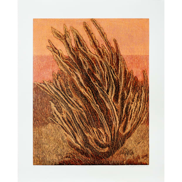 Khurasani’s signature woodcut prints feature striking lines and strokes applied at varying frequencies, creating an aesthetic coherence rooted in emotion....