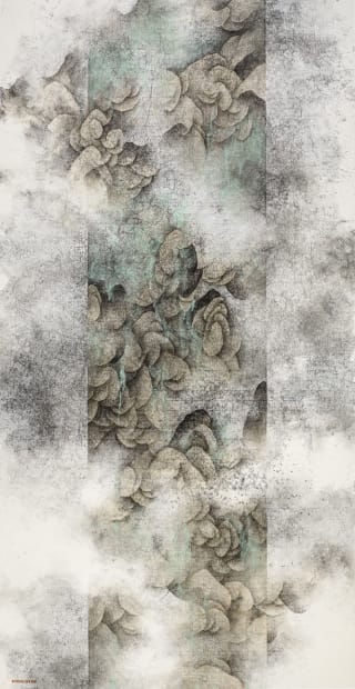 brown and white cloudy painting with mountains.