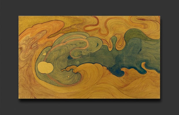 Most of the artworks in this exhibition are created on silk, but Detached, I Read a Poem is painted on...