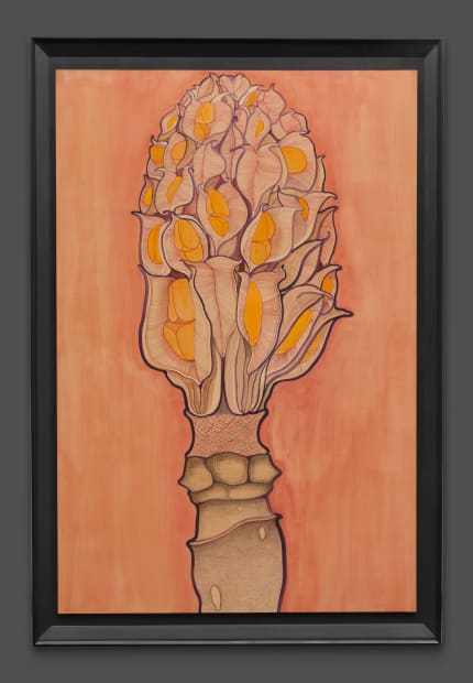 Chen Duxi's ink on silk floral painting of Magnolia Delavayi's bud on an orange background