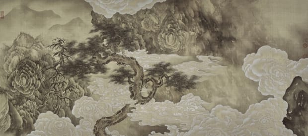 black and white ink mountain painting.