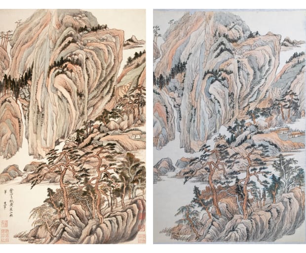 传统文人画最显着的特点之一就是用墨。当然，这并非贬义，而是反映了从古至今如張洪这样的文人画家一直以来对笔墨的绝对重视。这也源自其与书法的密切关系，因为书法在中国艺术史中被认为是最精英的艺术形式。張洪因此认为，色彩在传统山水画中并没有得到像墨那样的重视与深入探究。相反，它通常只被用来辅助凸显山水的结构，多数只有两三种冷暖色调。早在《洞天清禄集》中，著名鉴赏家赵希鹄（1170-1242）评价北宋最备受赞誉的文人画家李公麟（1049-1106）时就写道「伯时惟作水墨不设色。」同样的，元代最被推崇的画家和书法家赵孟頫（1286-1319）在批评同代画家时也说到「作画贵有古意，若无古意，虽工无益。今人但知用笔纤细，傅色浓艳，便自谓能手。「颜色只被看做是颜色，而笔墨之所以受到重视仅仅因为是笔墨。」当張洪在画室里与我回顾这段以笔墨为导向的文人艺术史时，他感到了一种潜在的冲动，几乎是下意识地，要重新审视山水即是「黑白」这一艺术语言。