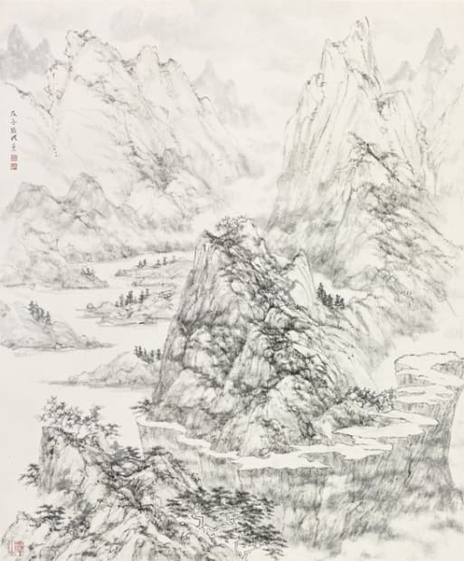 black and white painting of a mountain range.