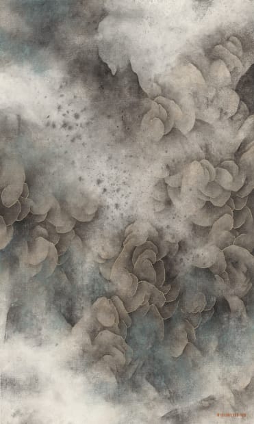 blue and gray cloud and mountains painting.