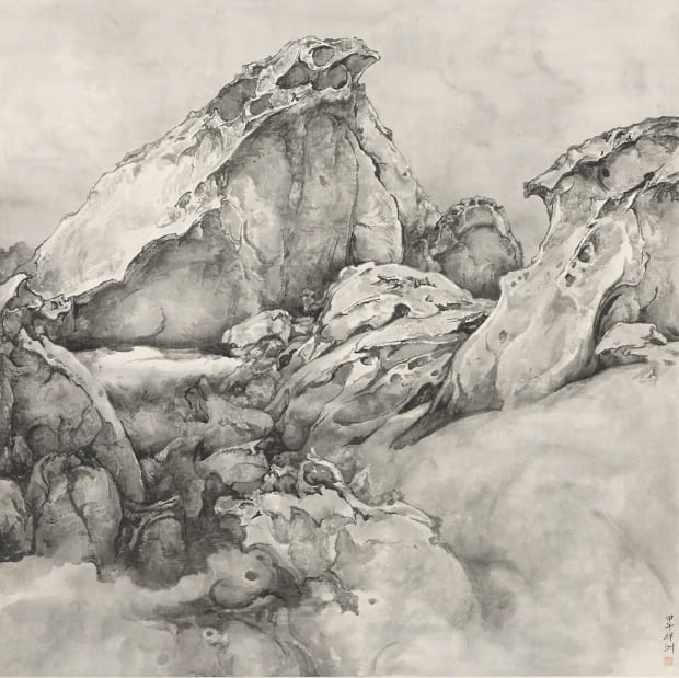 black and white painting of mountains.