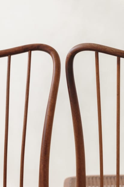DINING CHAIRS WITH STICKS BACKS, 1948 This set of eight exquisitely crafted Cane Chairs in Amendoim Wood, designed by Joaquim...