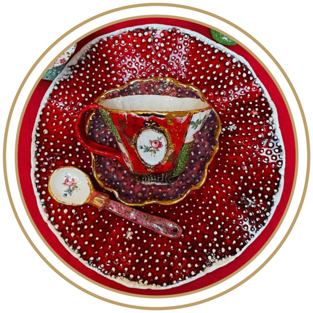 Embellished Handmade Red Tea Cup with a spoon made by Ceramic Tales