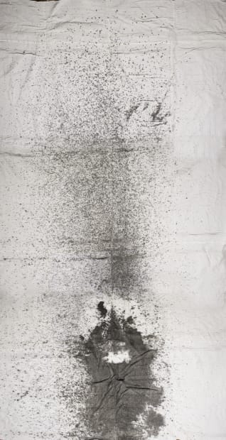 The towel installation is the result of a 2015 performance where Minaya repeatedly immersed her braided head in a bucket...