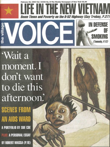 Cover of Village Voice newspaper shows a work from Sue Coe's AIDS series. The piece shows a sick man in bed, with a man looking over at him from a nearby doorway.