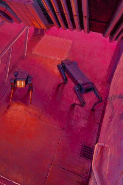 painting of robotic dogs by Taylor Schultek