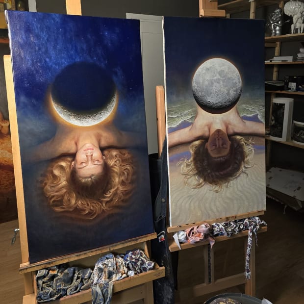 Paintings on the easel in Miles Johnston's studio