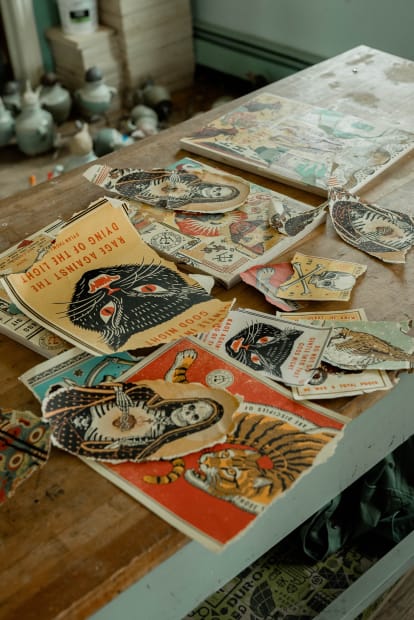 mixed media works in progress in Ravi Zupa's studio